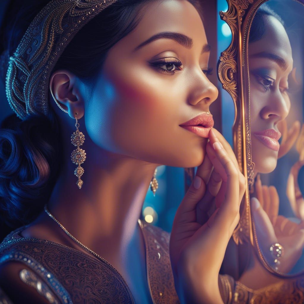 Woman in Mirror: Hyperrealistic Blissful Moment