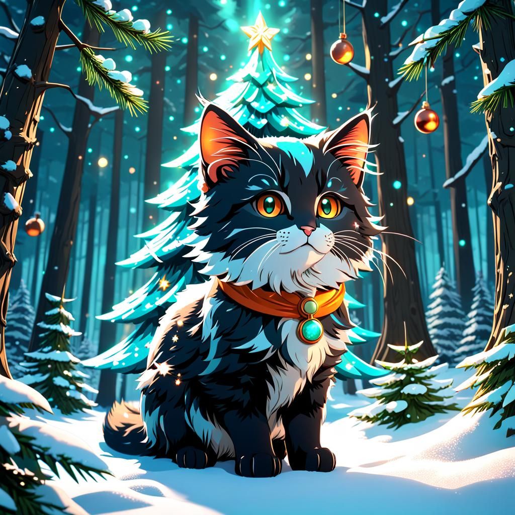 Anime Christmas Tree Cat in Winter Forest