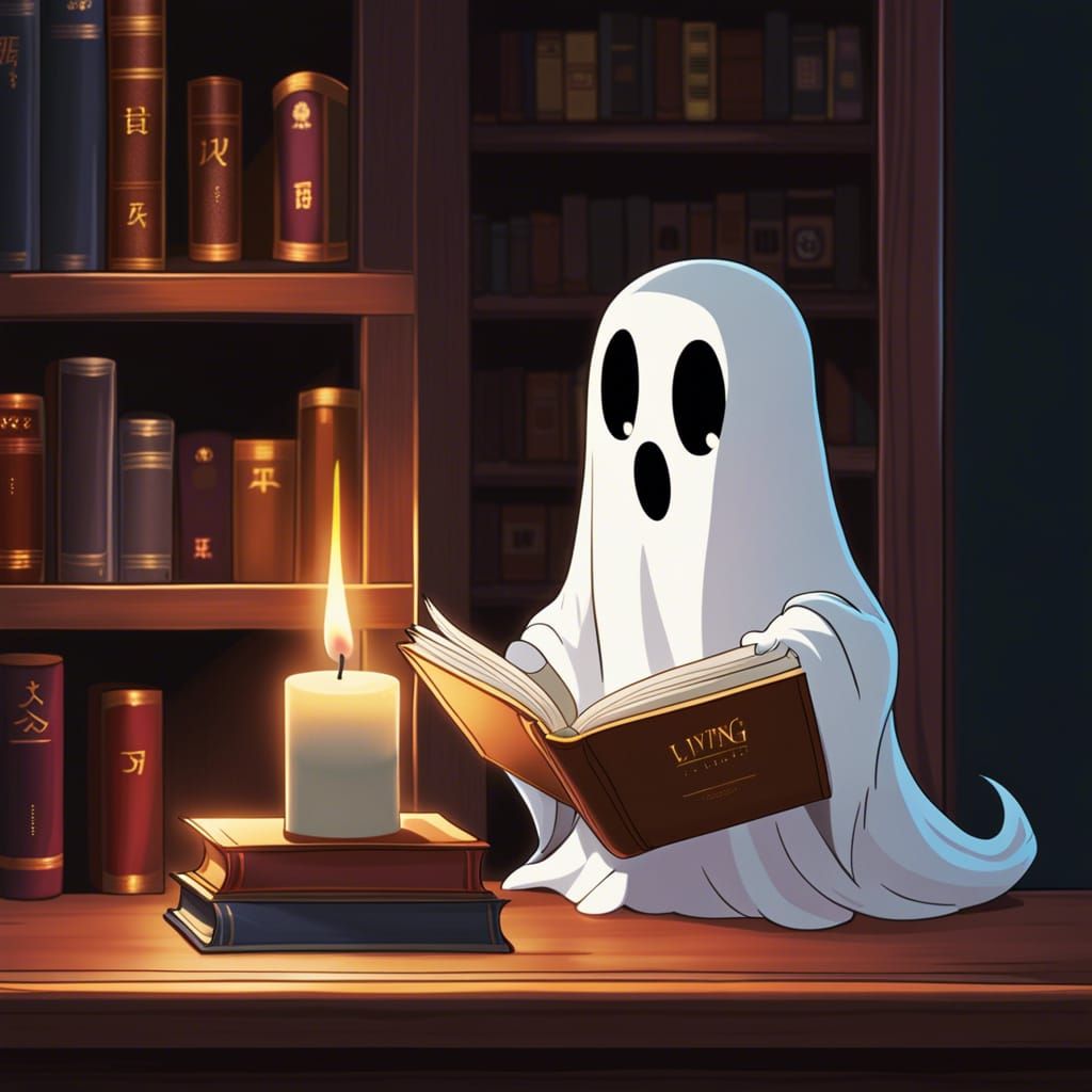 Cute Ghost Reading Book in Anime Style