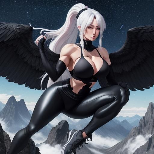 Anime-Style Winged Woman Climbing Mountain