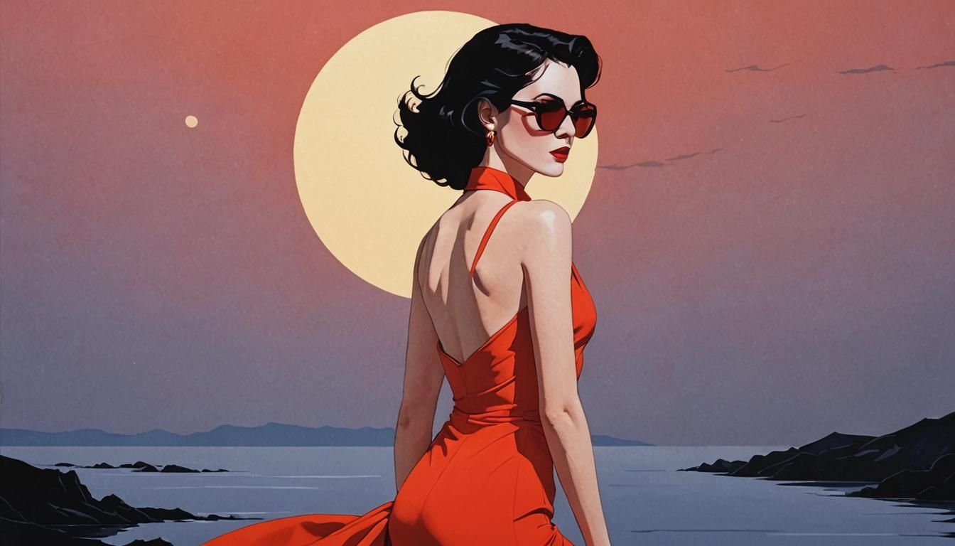 Woman Admiring Moon in Nagel-Style Painting