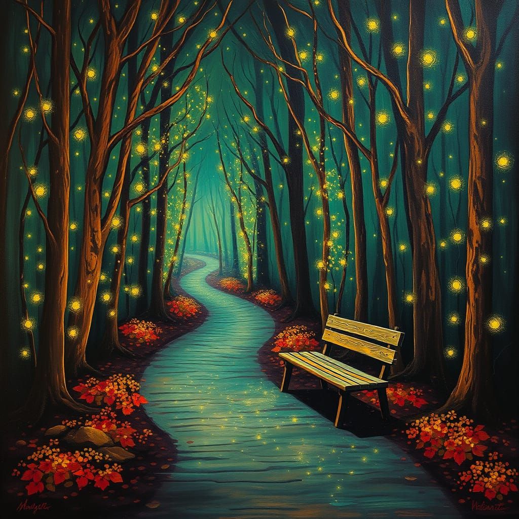 Enchanted Forest Path Illuminated by Fireflies, with Worn Wo...