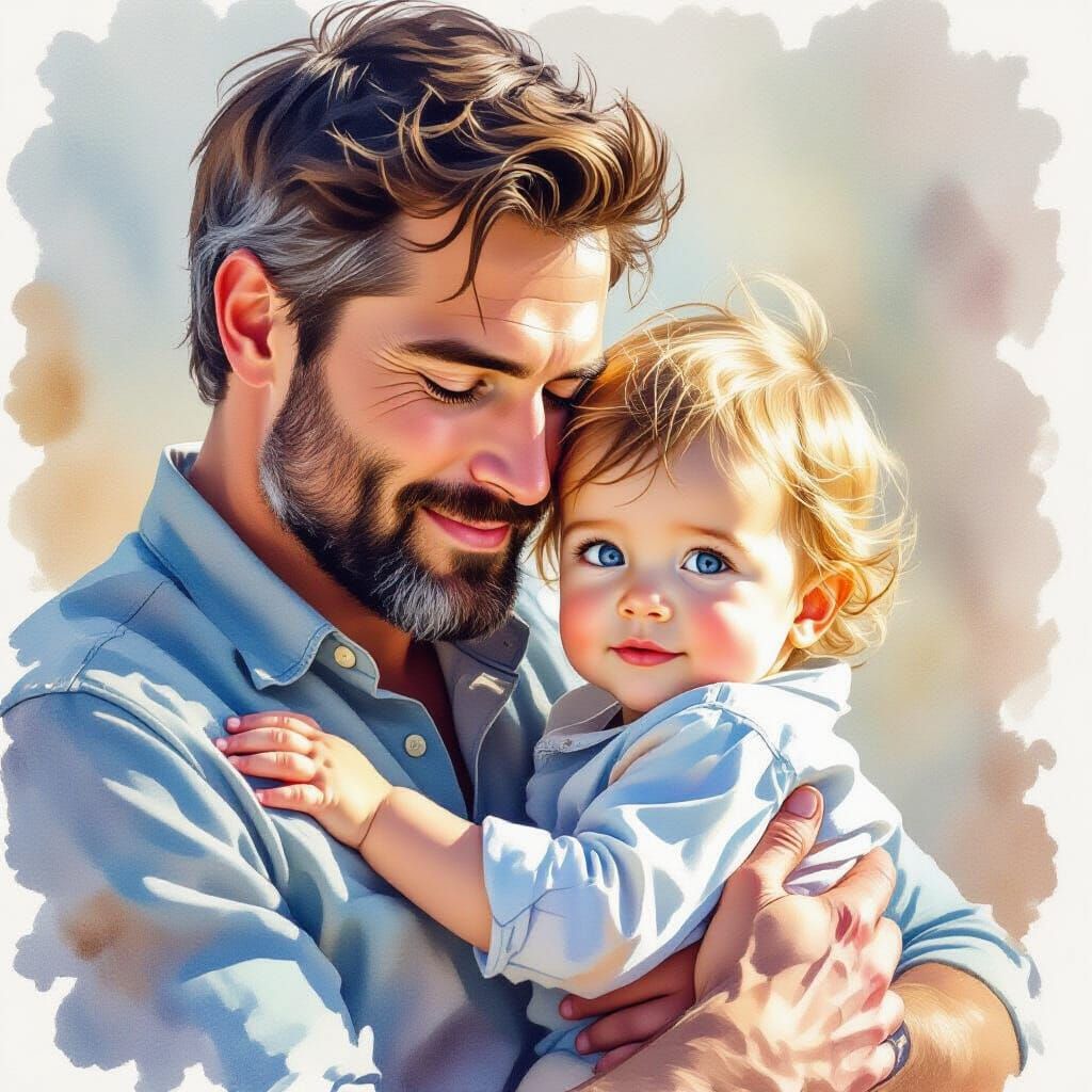 Heartwarming Watercolor Father and Child Portrait