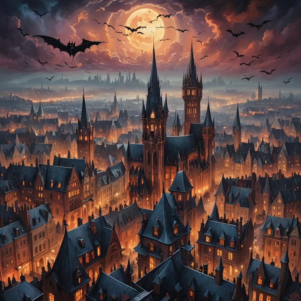 Vampire City Skyline: Dreamy Oil Painting at Dusk