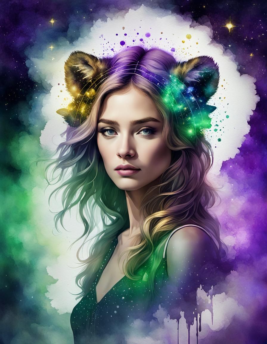 Woman as Leo Constellation in Watercolor Style