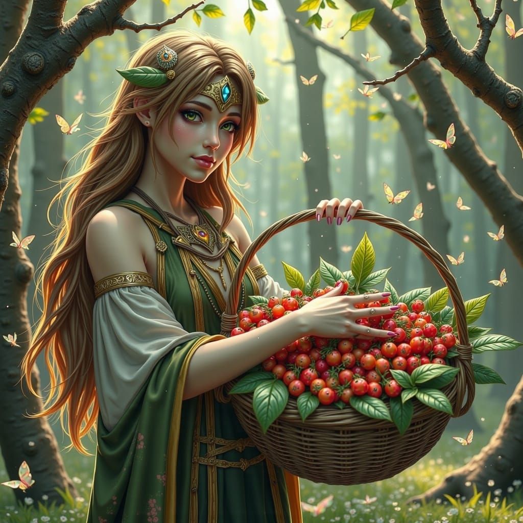 Druid with Berry Basket in Fantasy Style