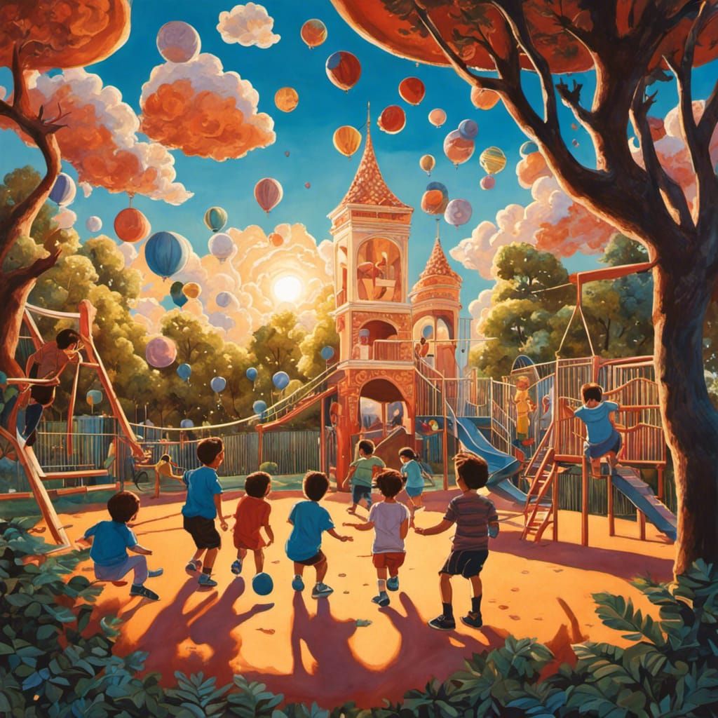 Multicultural Children Play on Playground in Gouache