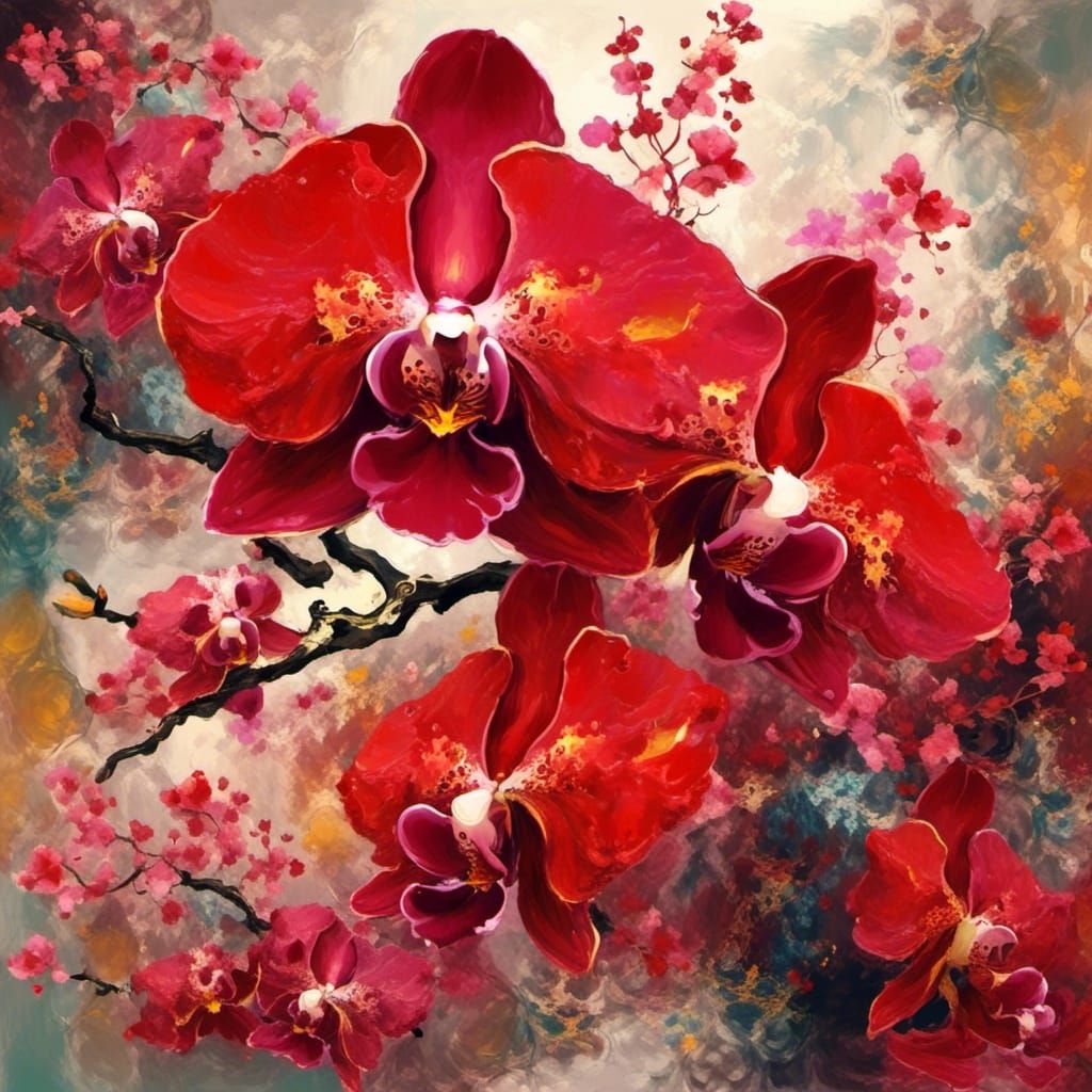 Red Kimono with Orchid Texture in Digital Art