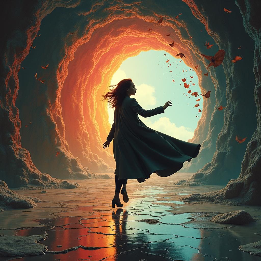 Woman Falling into Fantastical Portals in Surreal Style