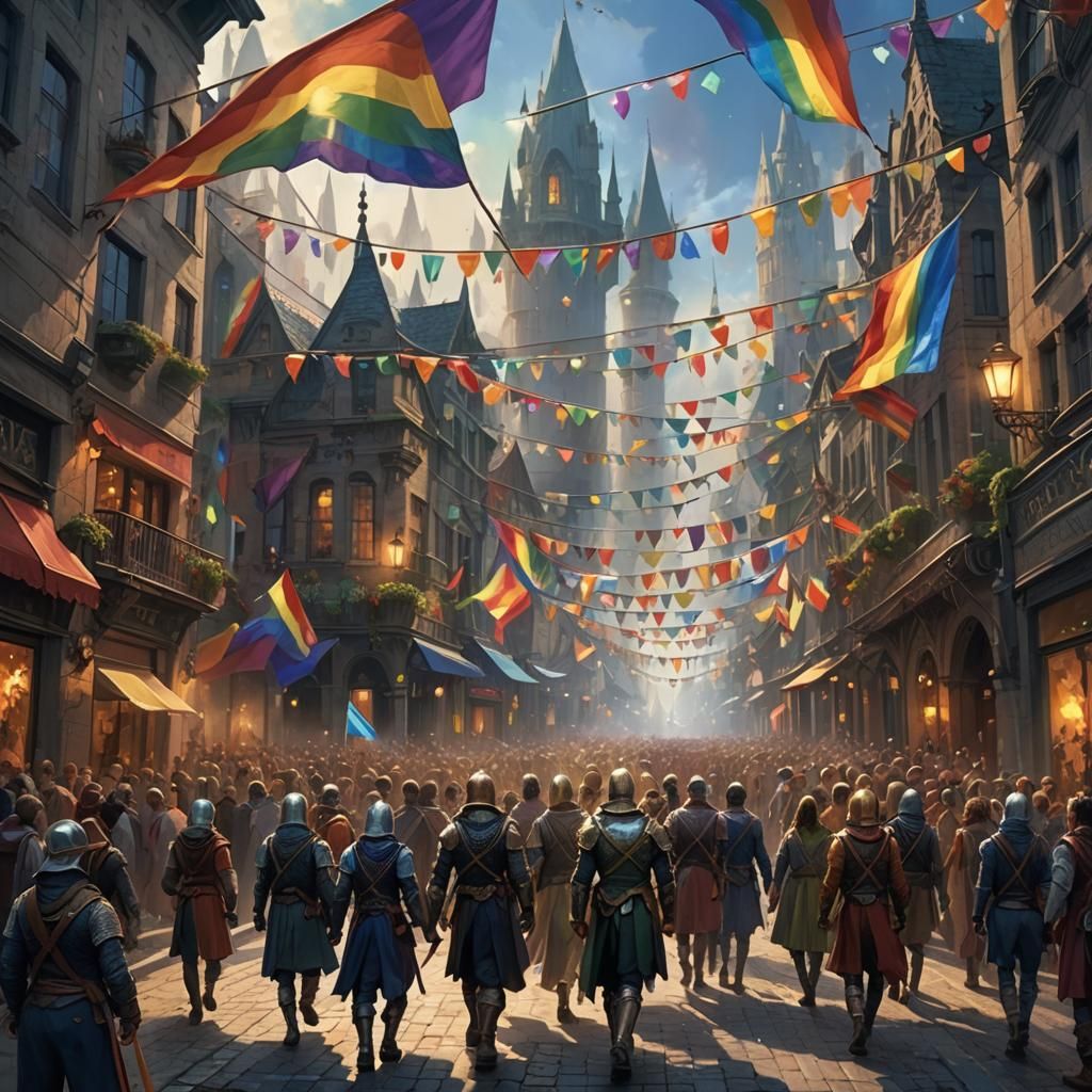Fantasy Pride Parade in Vibrant City, Dark Art