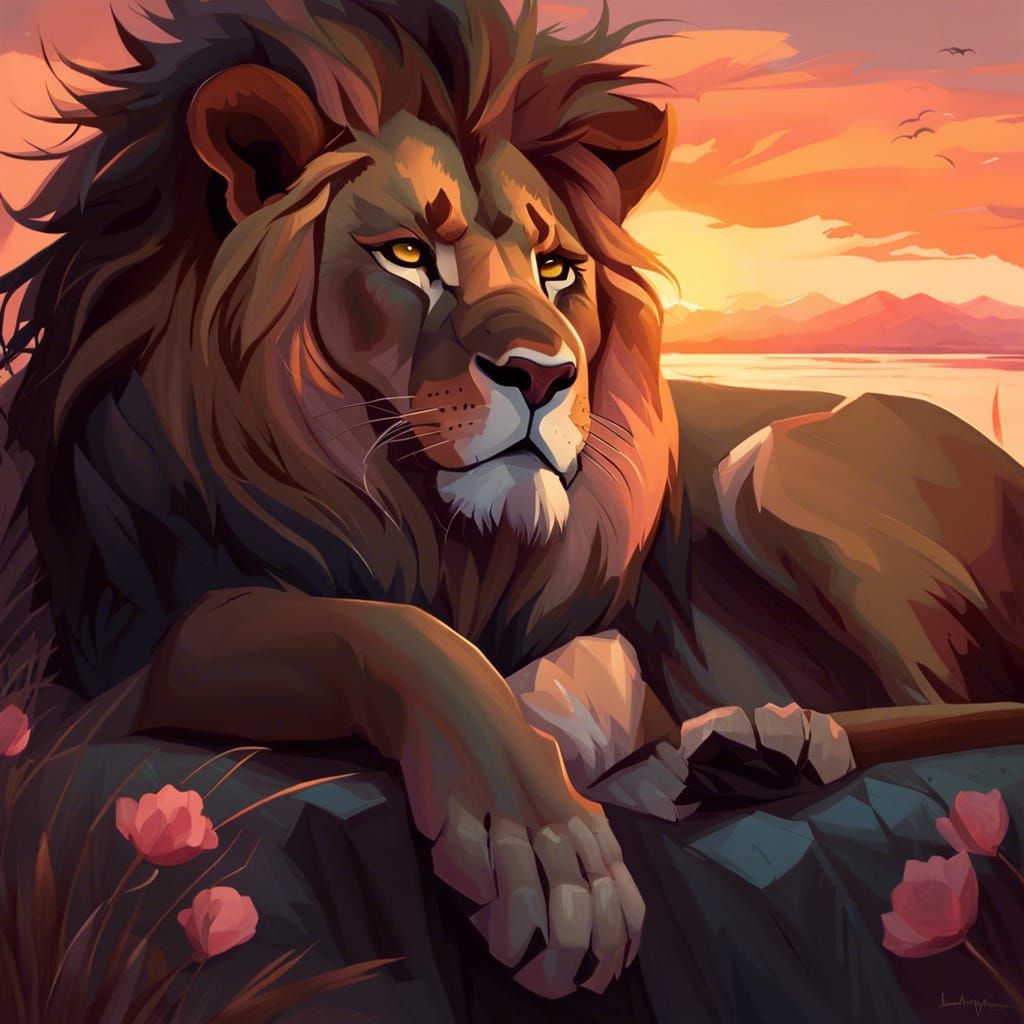 Fierce Lion at Sunset in Muted Colors