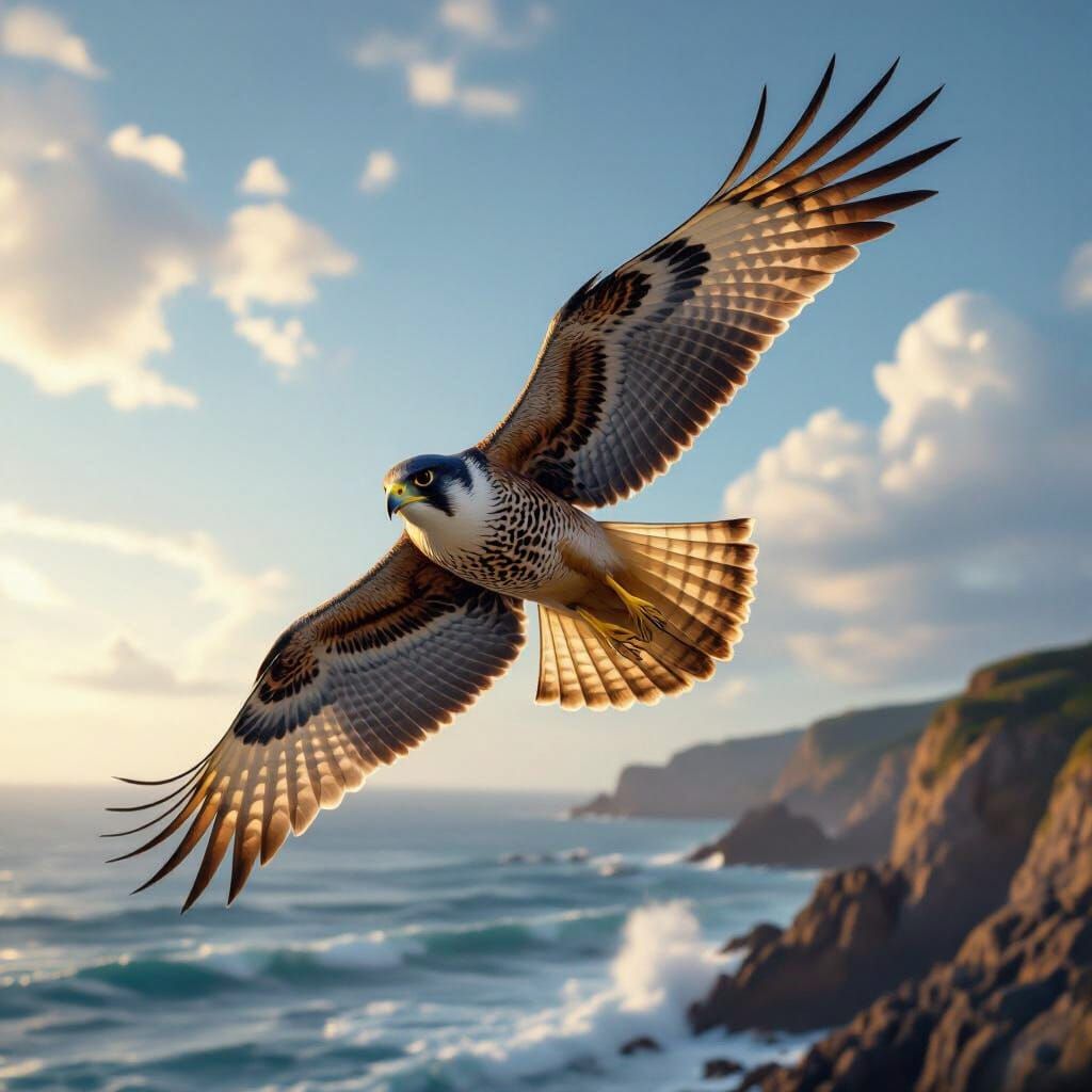 Falcon Soaring Above Rugged Coastline in Hyperrealism
