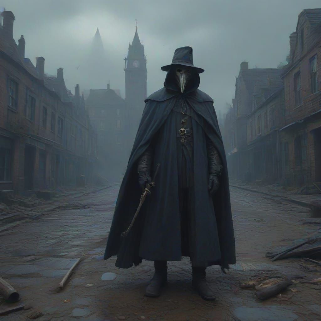 17th Century Plague Doctor in Haunting London Landscape