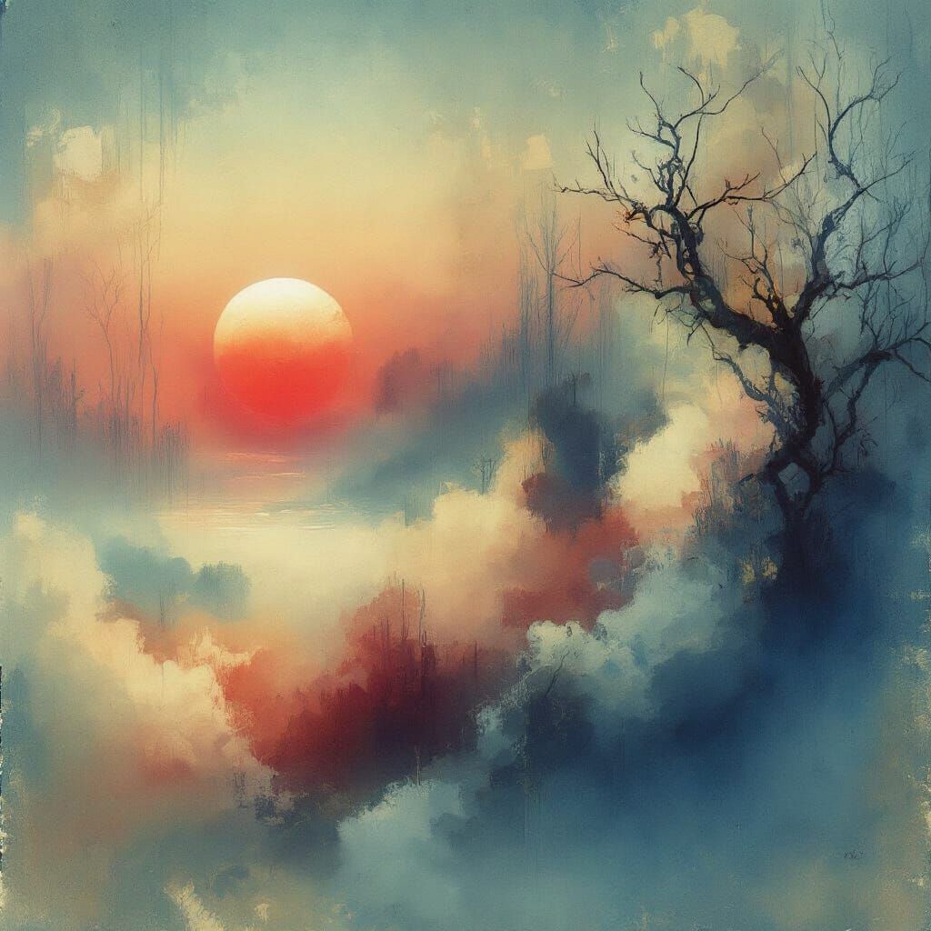 Misty Dawn Landscape in Surrealist Style