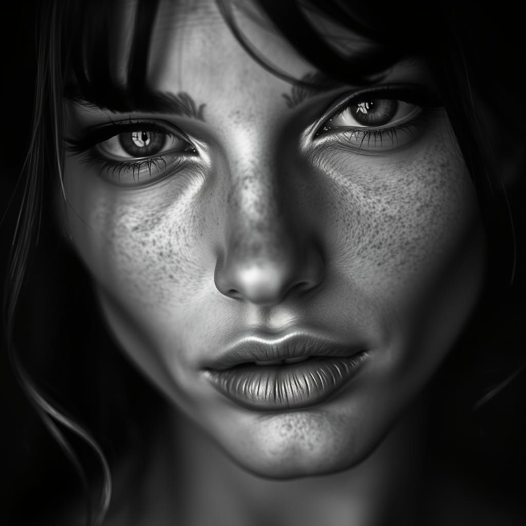 High-Contrast Portrait of a Supermodel's Face in Black and W...