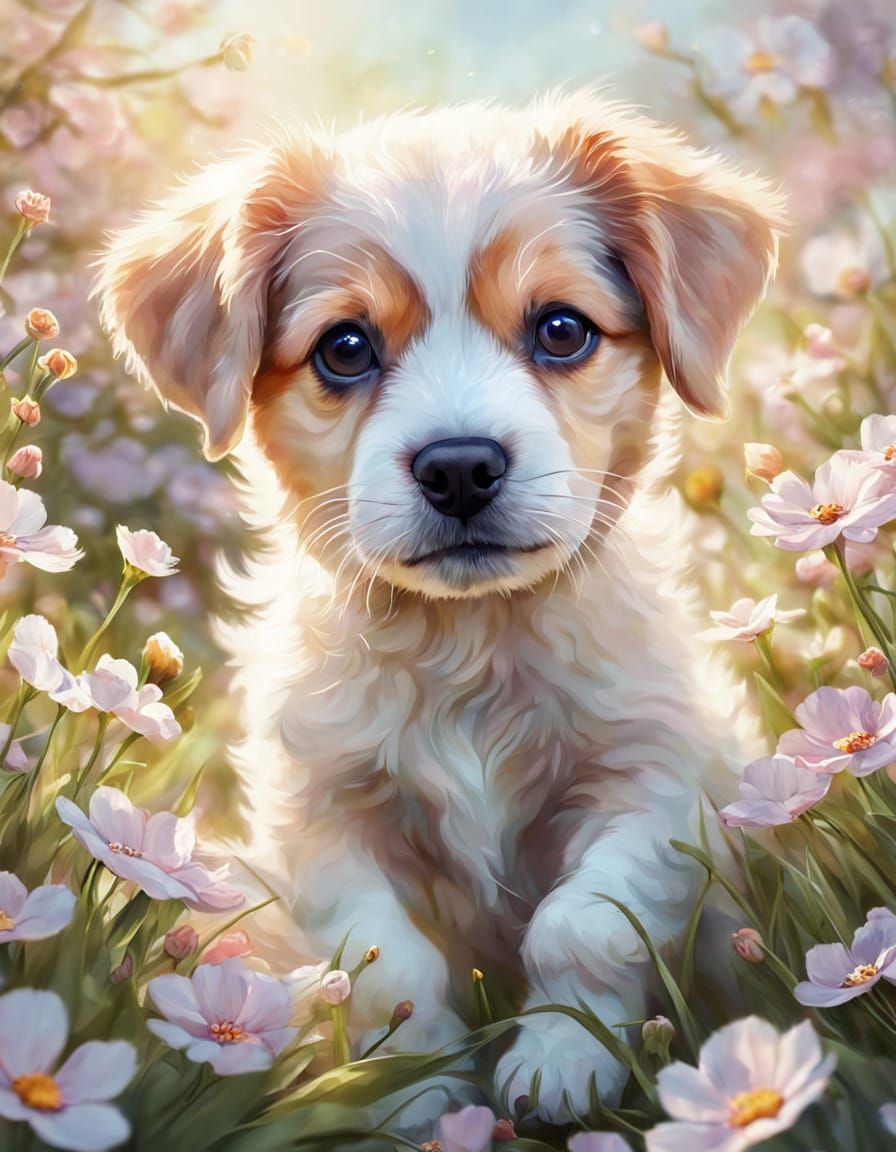 Puppy's Floral Spring: A Whimsical Digital Painting