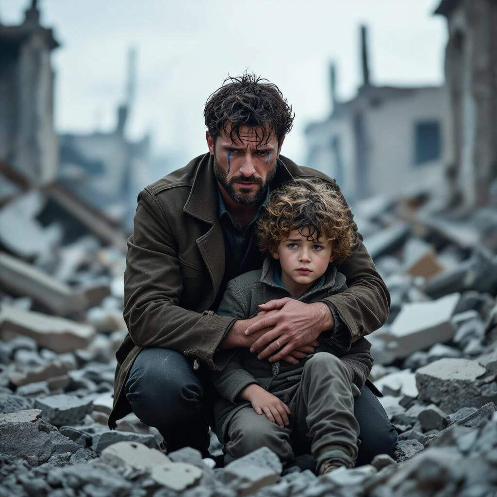 Grieving Father Comforts Son Amidst Post-Apocalyptic Rubble
