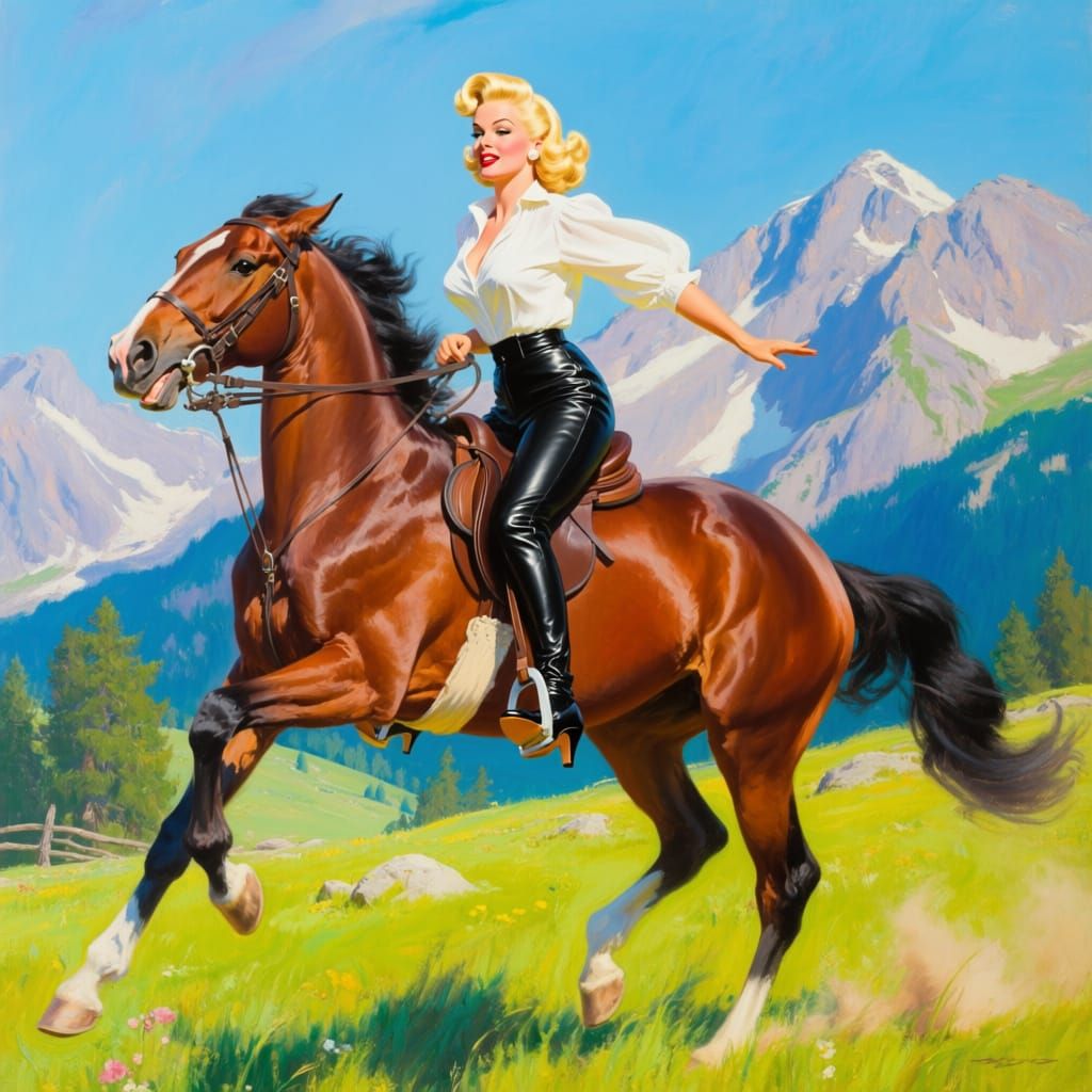 1950s Bombshell Riding Horse in Mountain Meadow Oil Painting