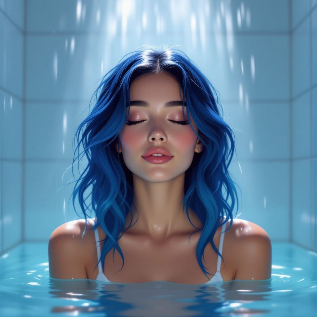 Blue Haired Woman in Shower, Peaceful Digital Painting