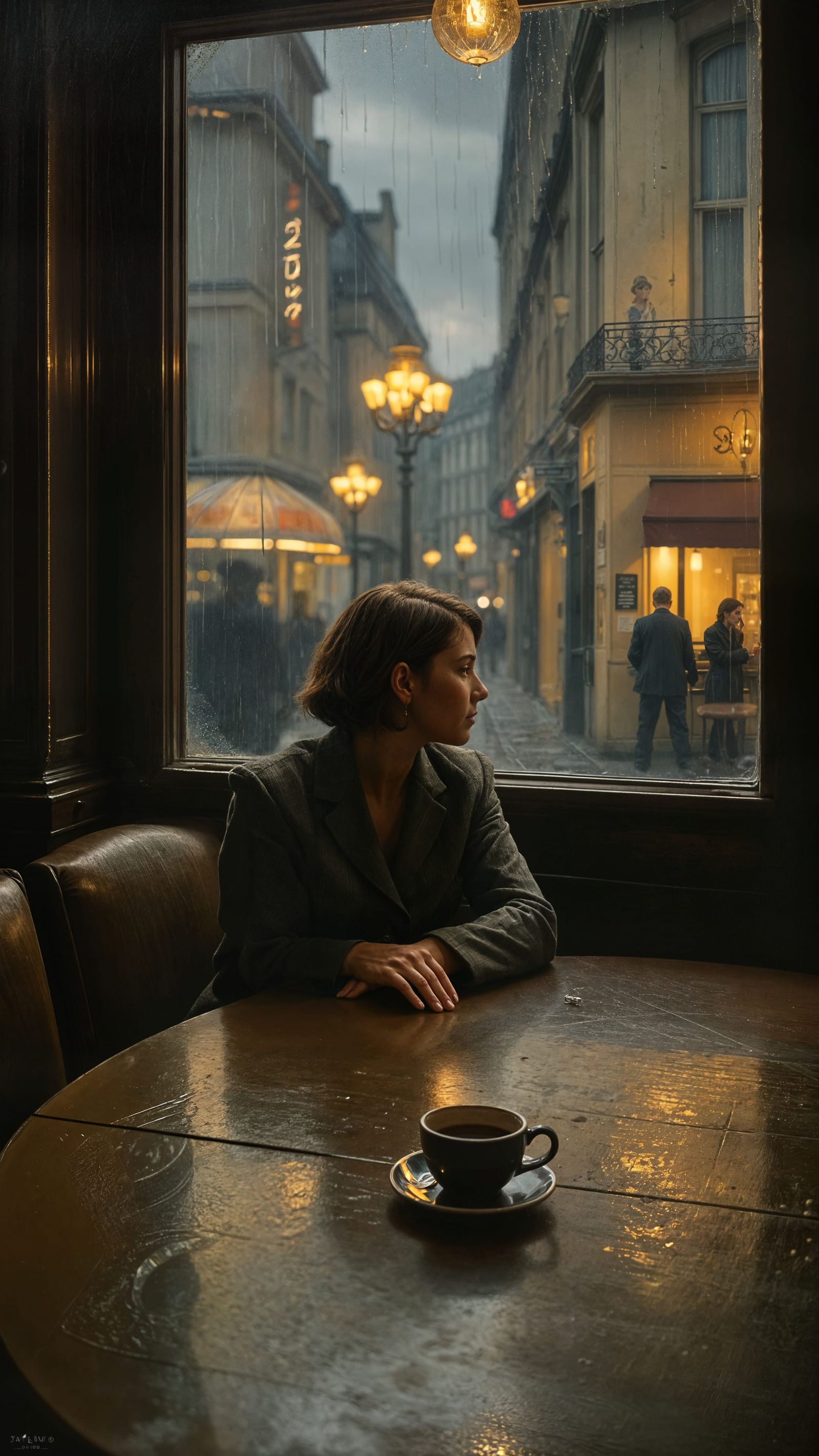 Woman Contemplating Coffee in Rainy Paris Cafe