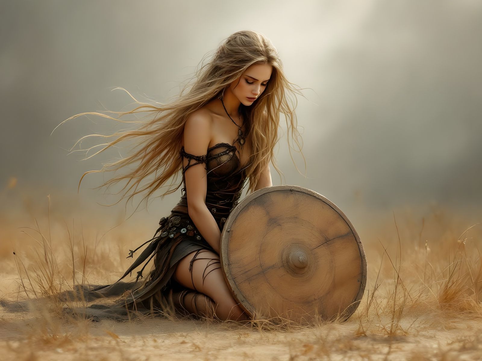 Norse Goddess Kneeling in Barrens: Pastel & Charcoal Art