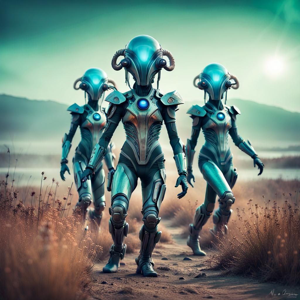 Eerie Alien Hunters on Surreal Landscape