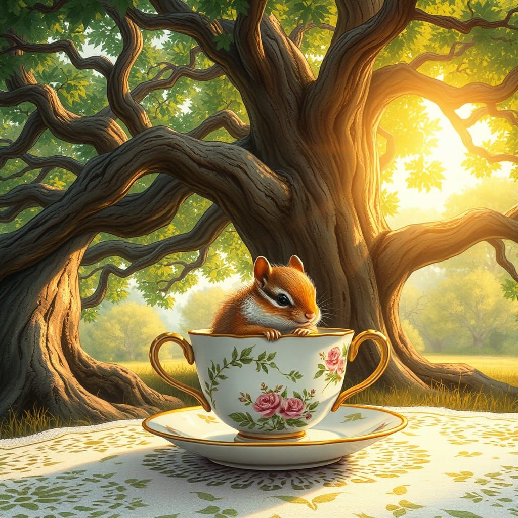 Delicate Chipmunk in Whimsical Floral Teacup Scene