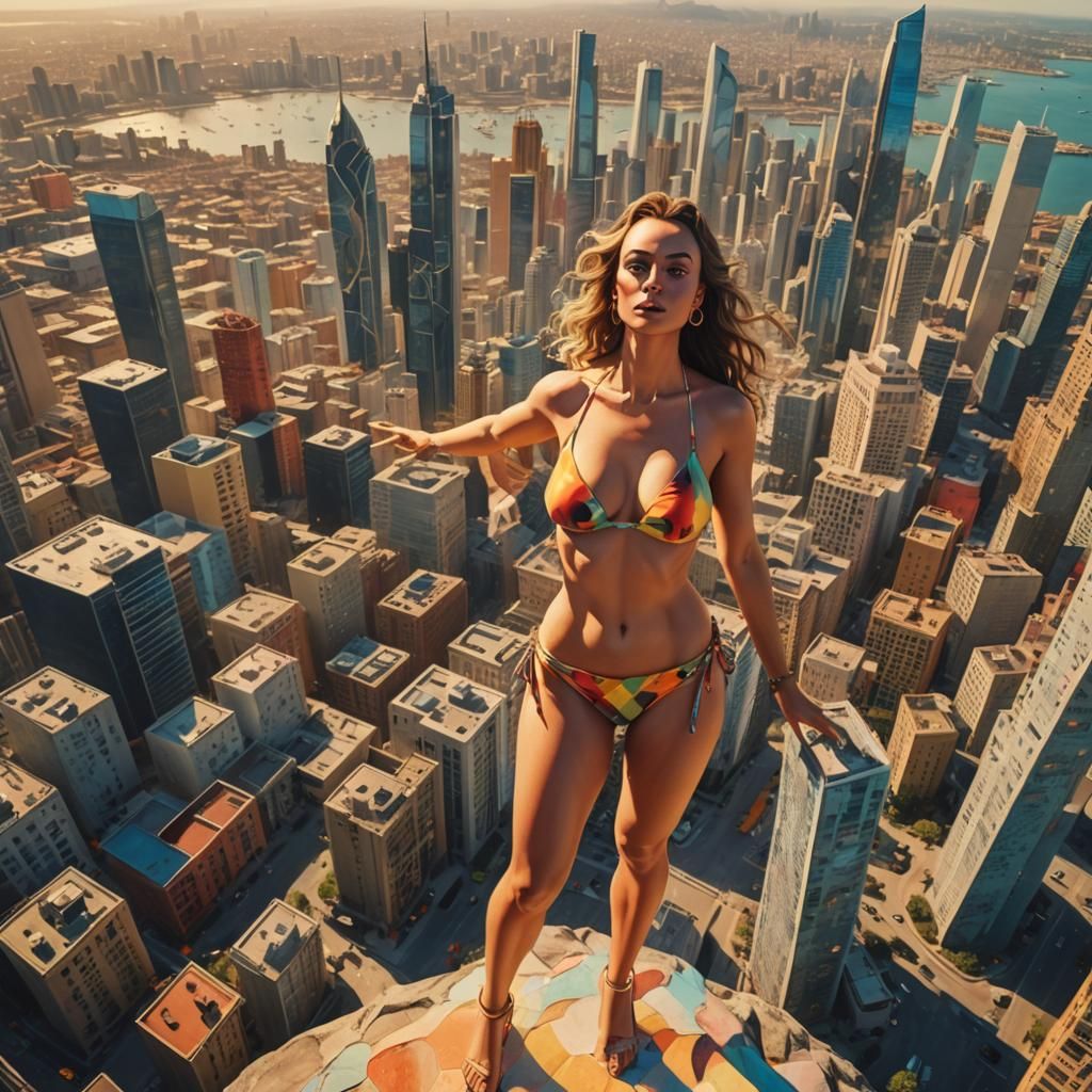 Giant Woman Over City in Surreal Style