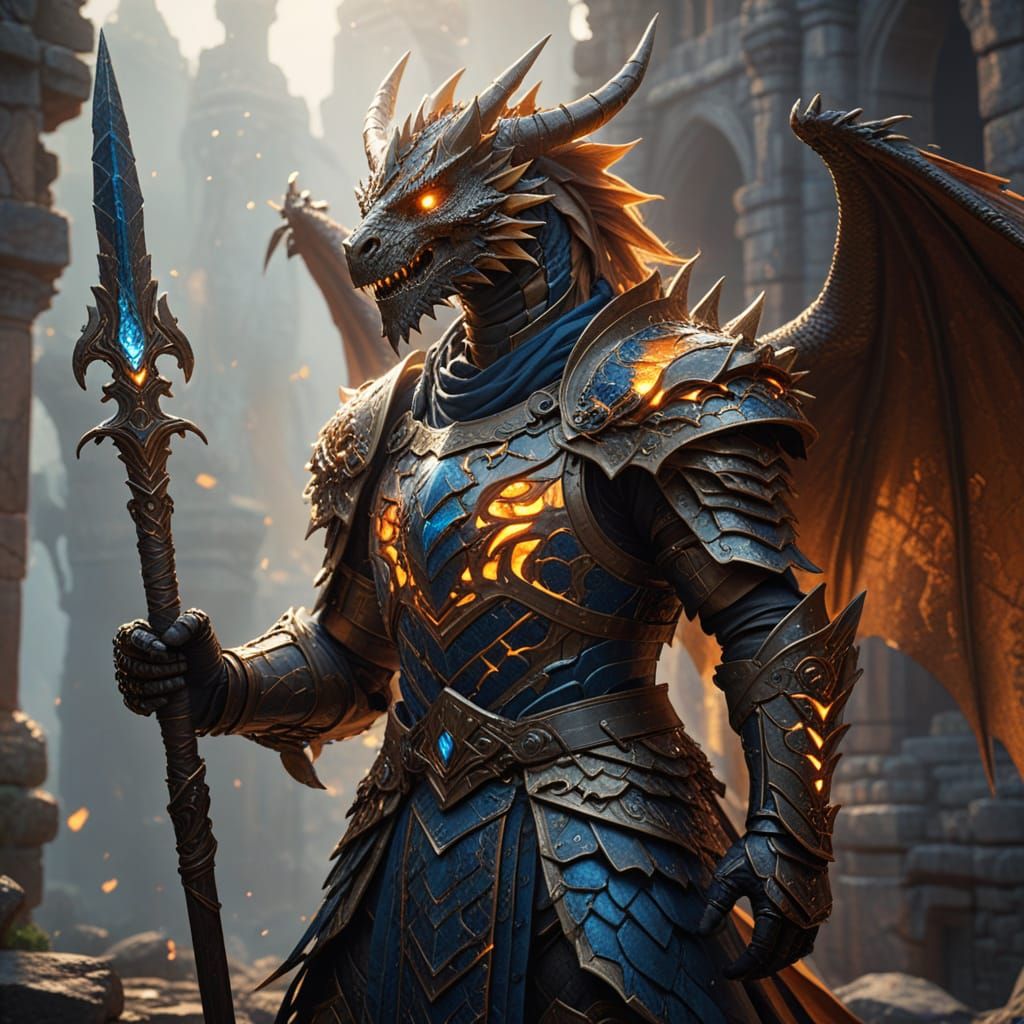 Dragon Knight in Ornate Armor, Holding a Glowing Spear