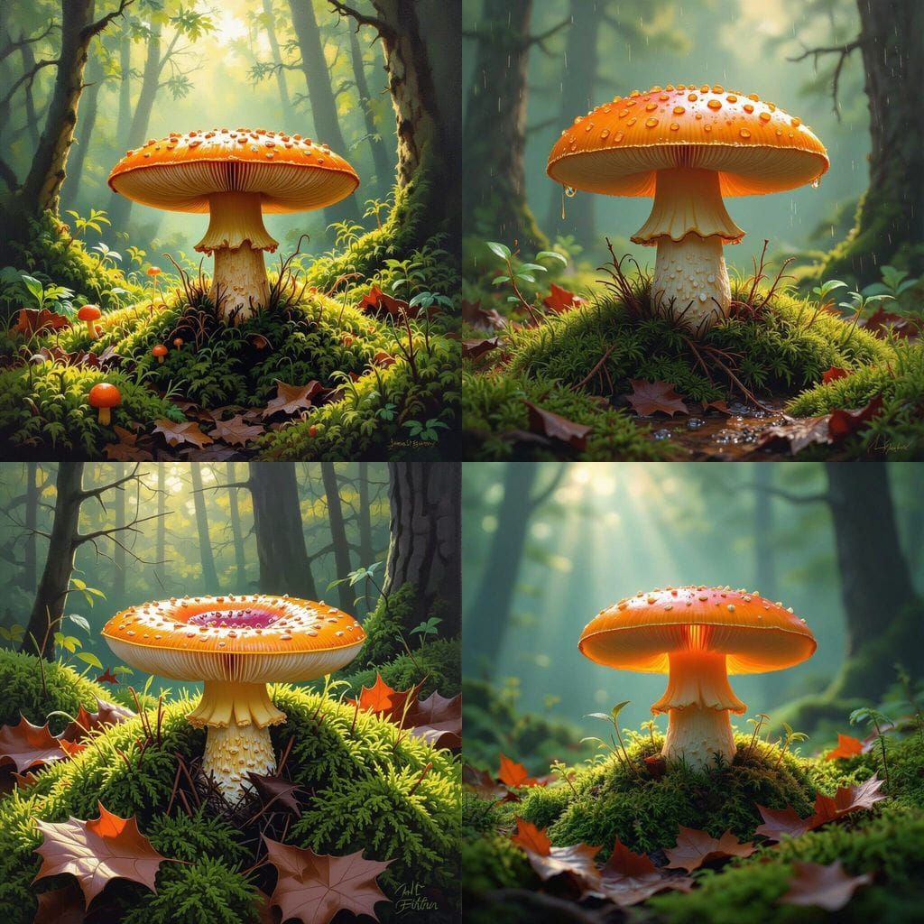 Realistic Orange Mushroom in Forest Oil Painting