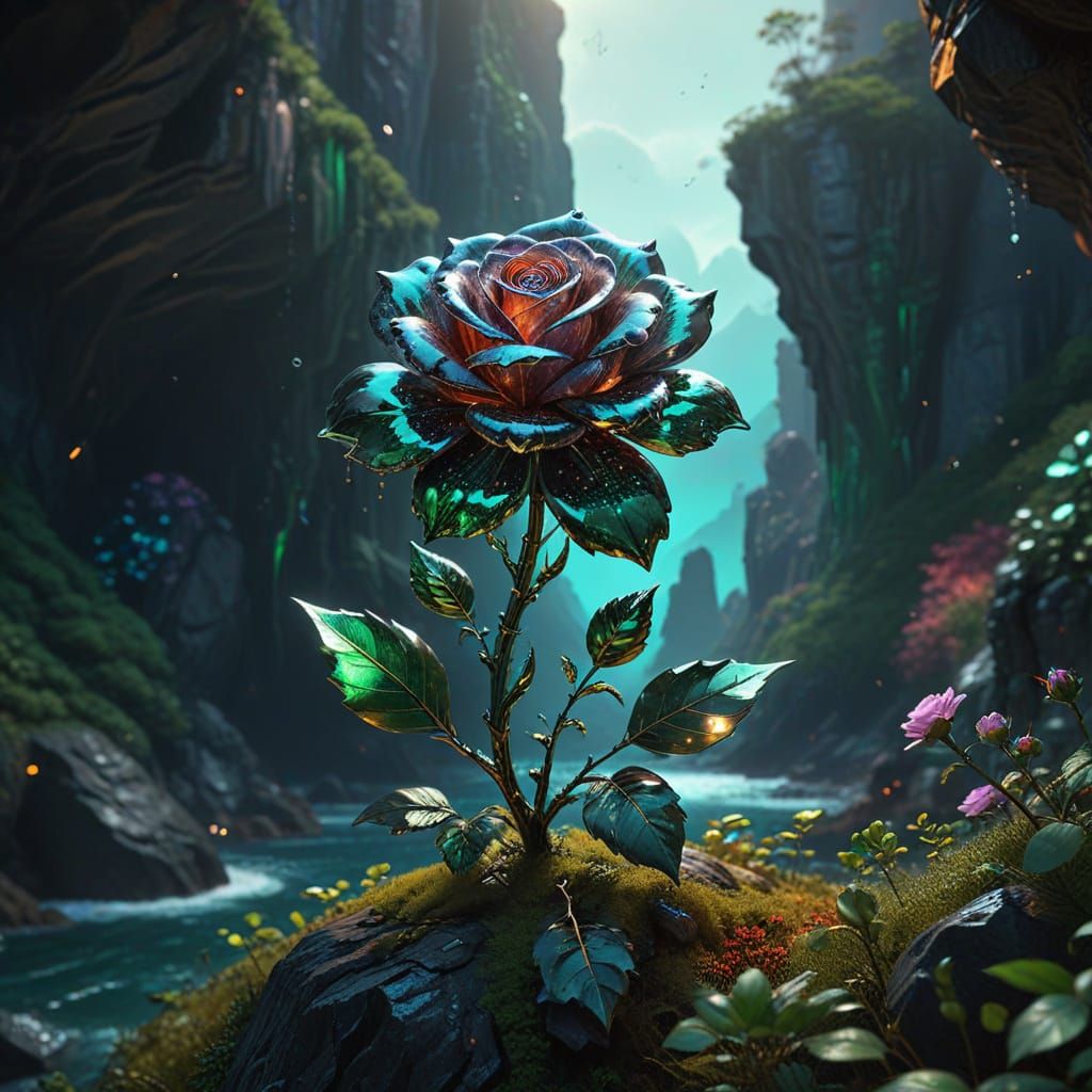Chrome Flower with Holographic Rose Overlay on Cliff
