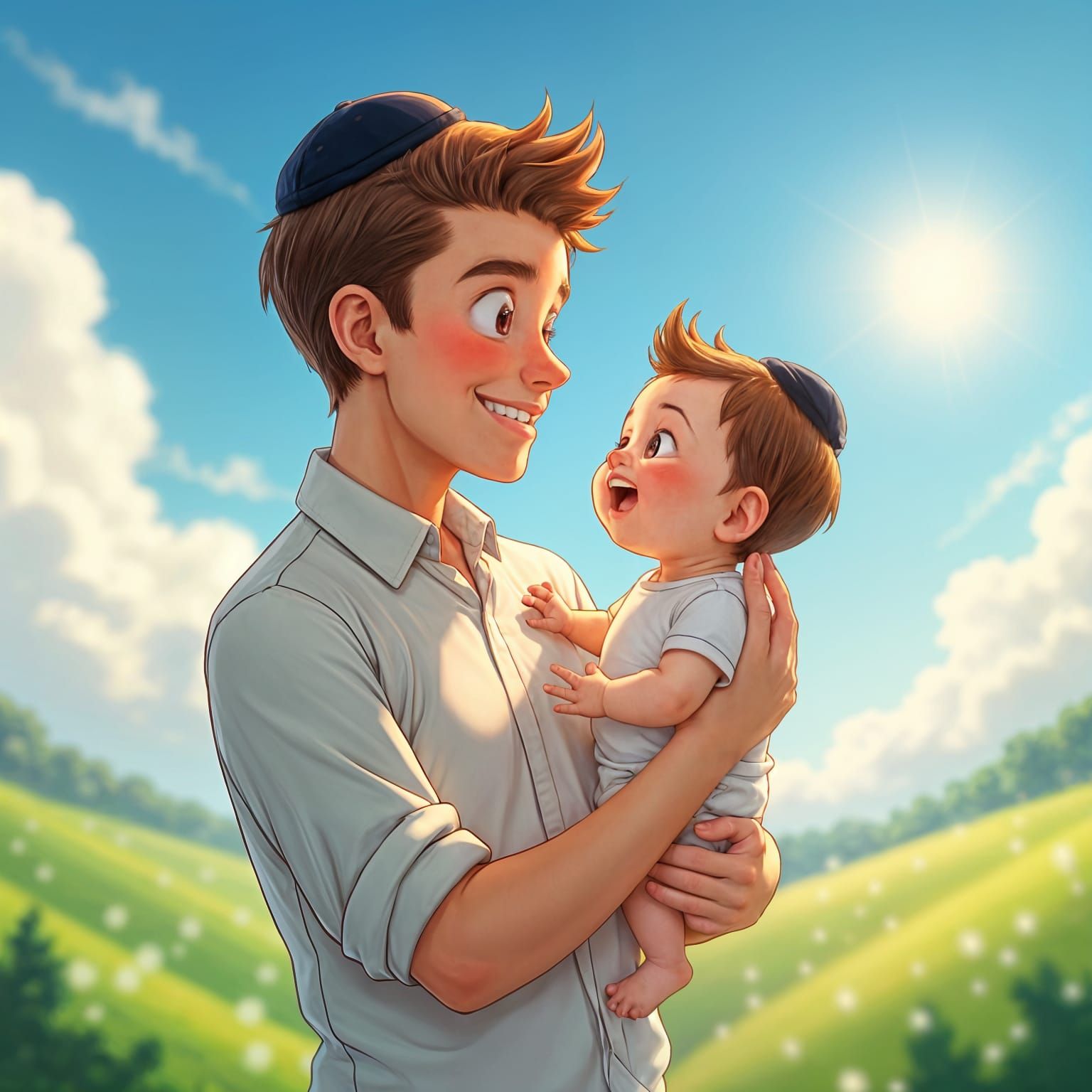 Young Father and Baby in Anime Style
