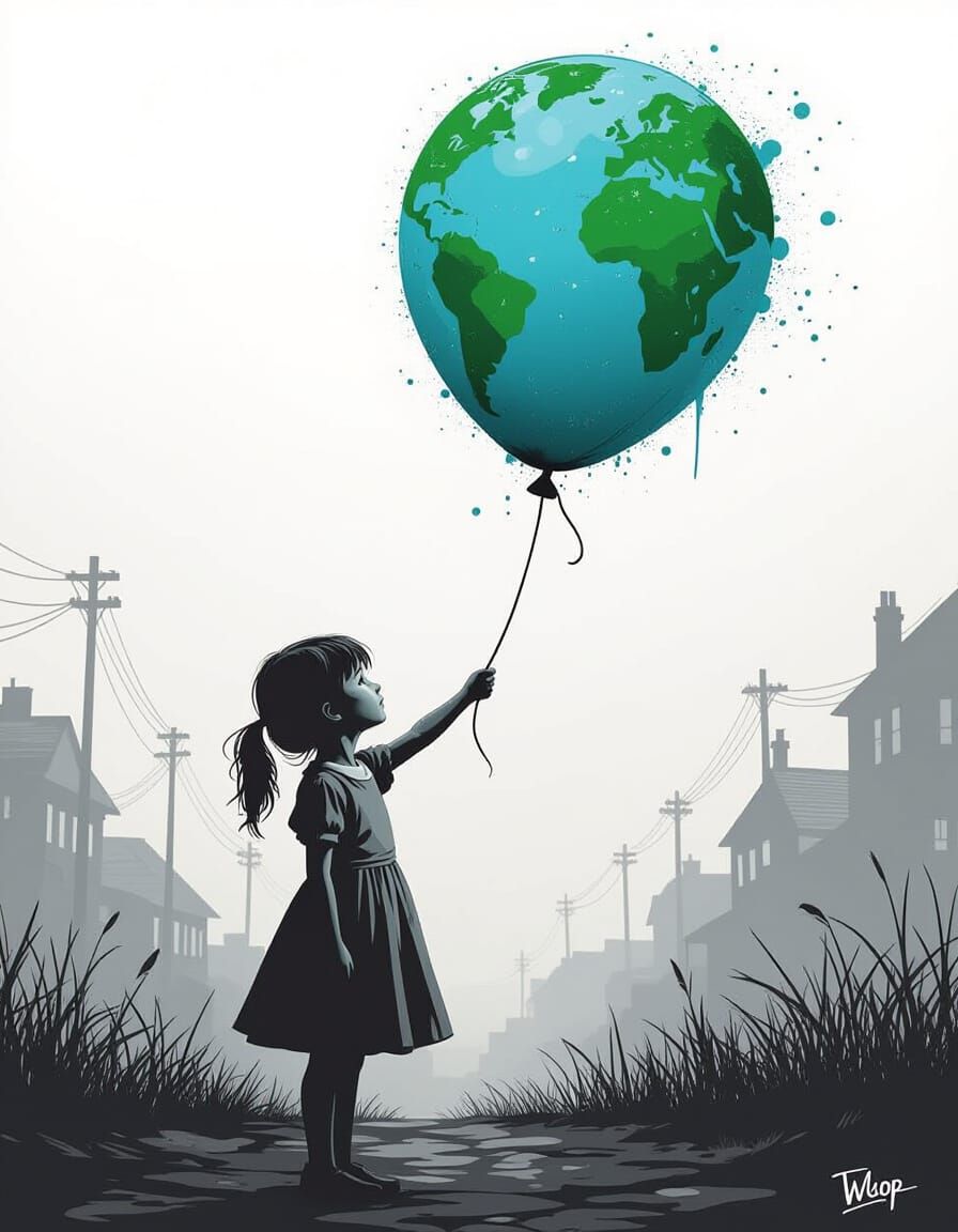 Girl With Earth Balloon in Banksy Style