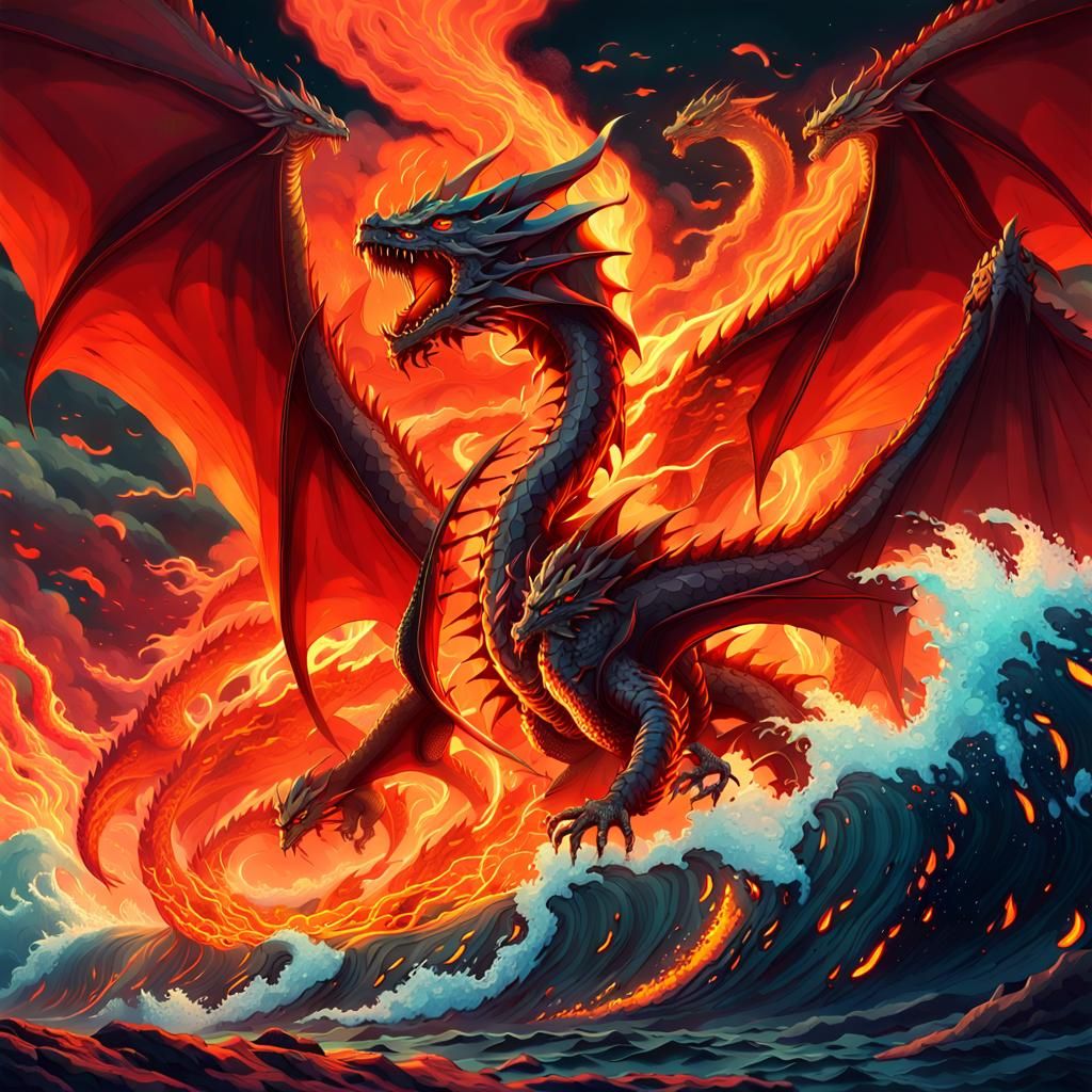 Dragons Flying Over Lava in Maximalist Anime Style