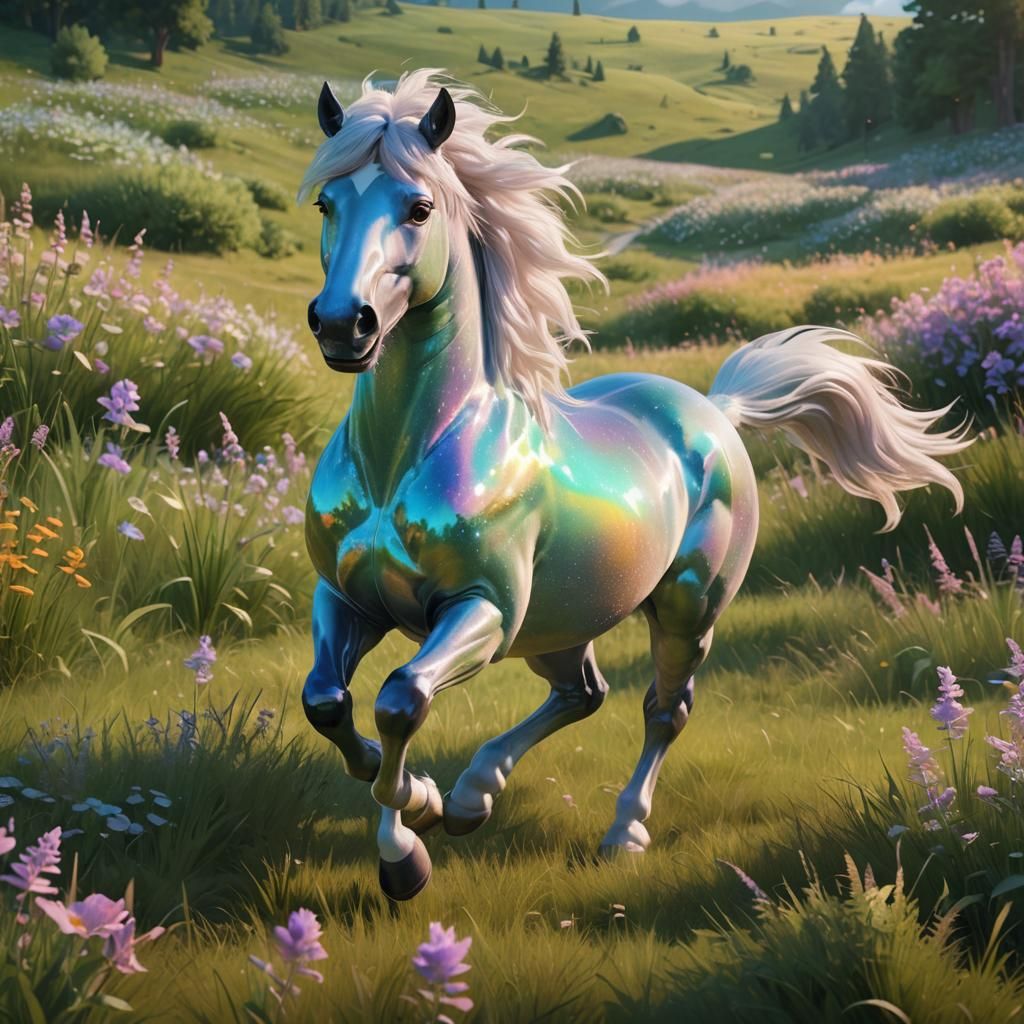Iridescent Horse Runs Through Lush Meadow