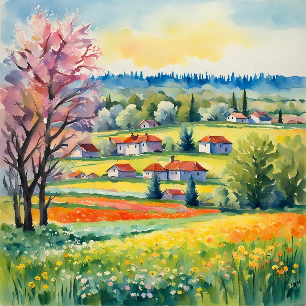 Spring Village Gouache Watercolor Impressionist Painting