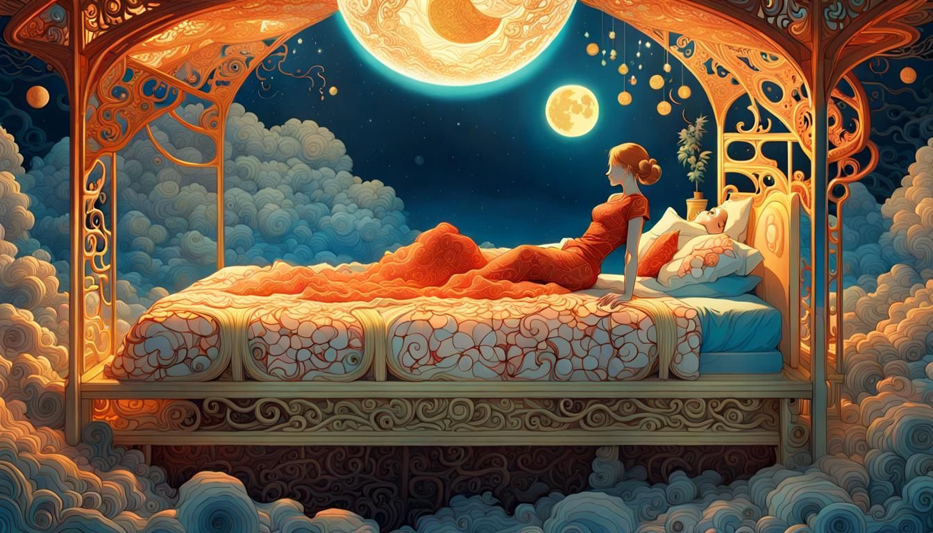 Woman in Surreal Sun and Moon Bed
