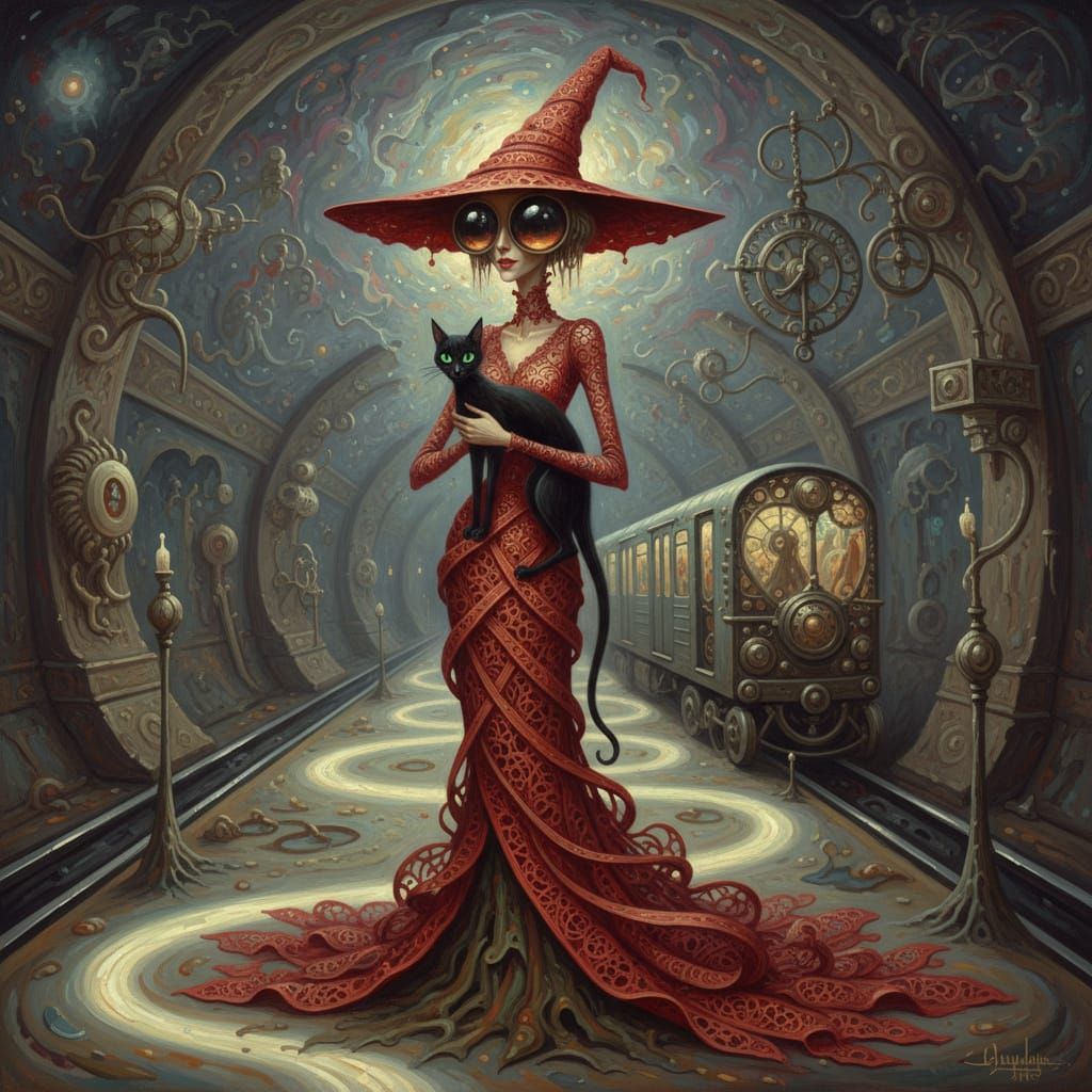 Surreal Witch with Black Cat in Subway