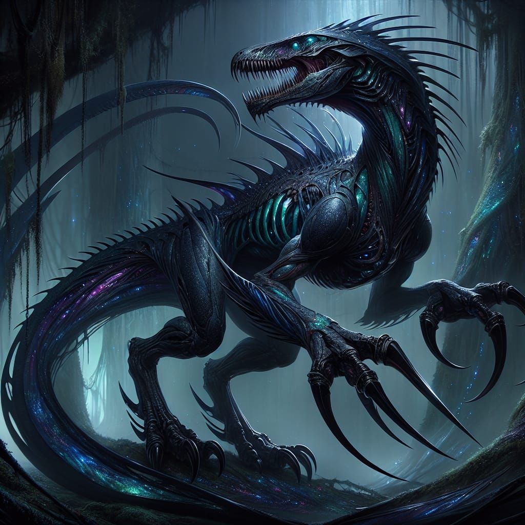 Xenomorph Velociraptor Hybrid in Ominous Jungle, Matte Paint...