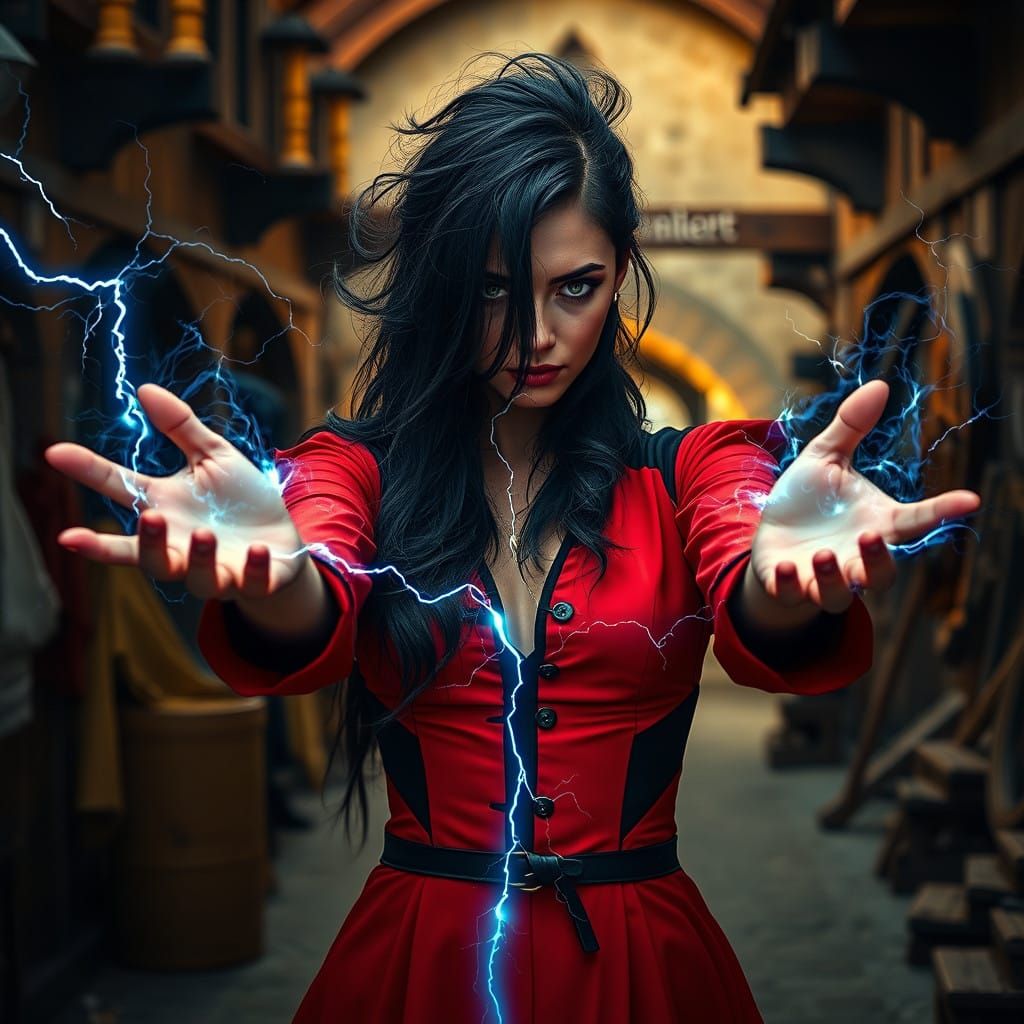 Mysterious Red Dress Figure in a Medieval Marketplace