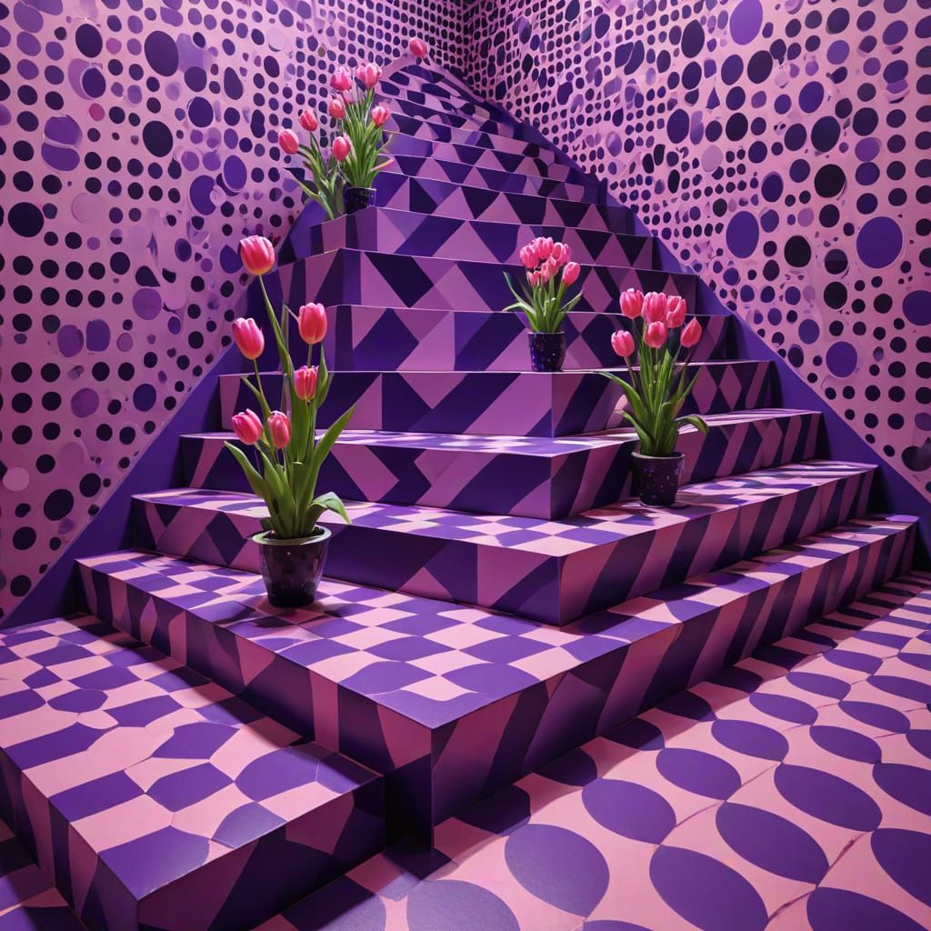 Op Art Staircase with Tulips in Kusama Style