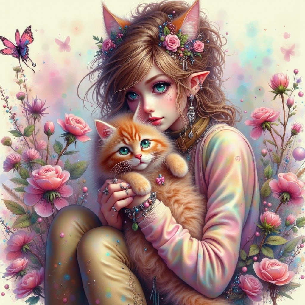 Modern Woman with Emerald Eyes and Red Lips Holding a Cat