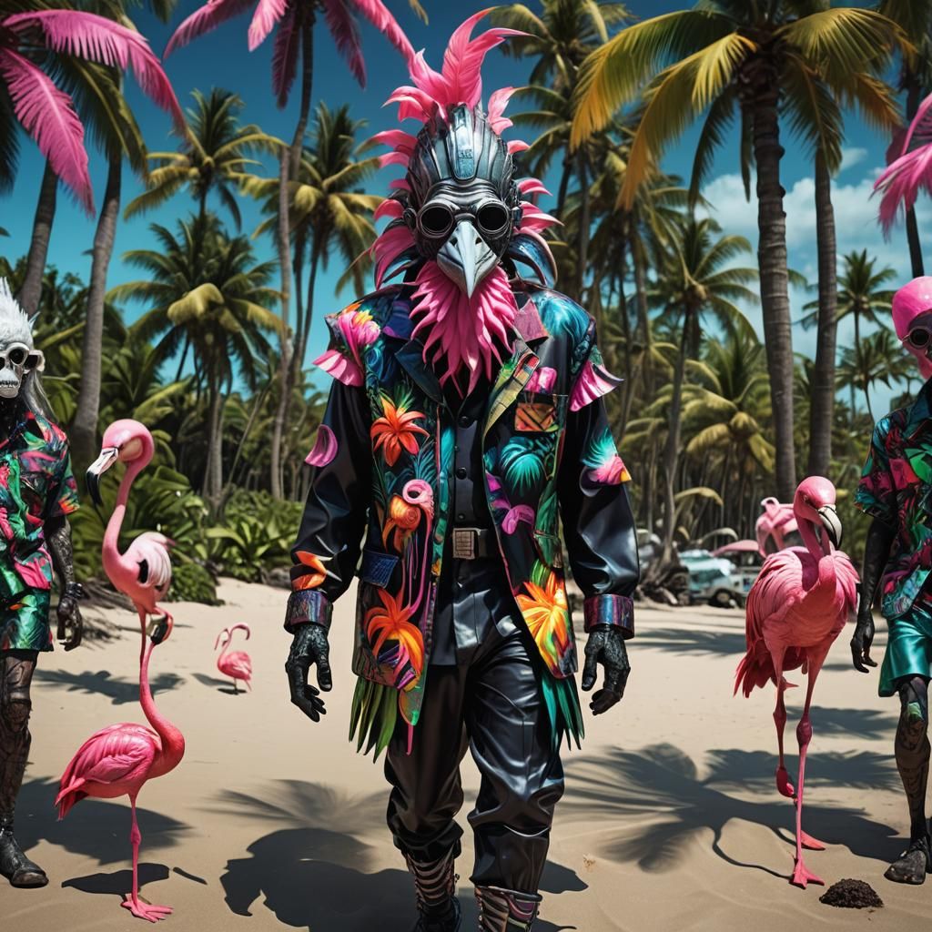 Biomechanical Gnomes' Hawaiian Holiday in Giger Style