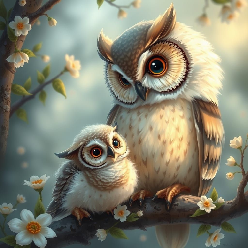 Ethereal Fantasy Spring Scene with Mother Owl and Baby