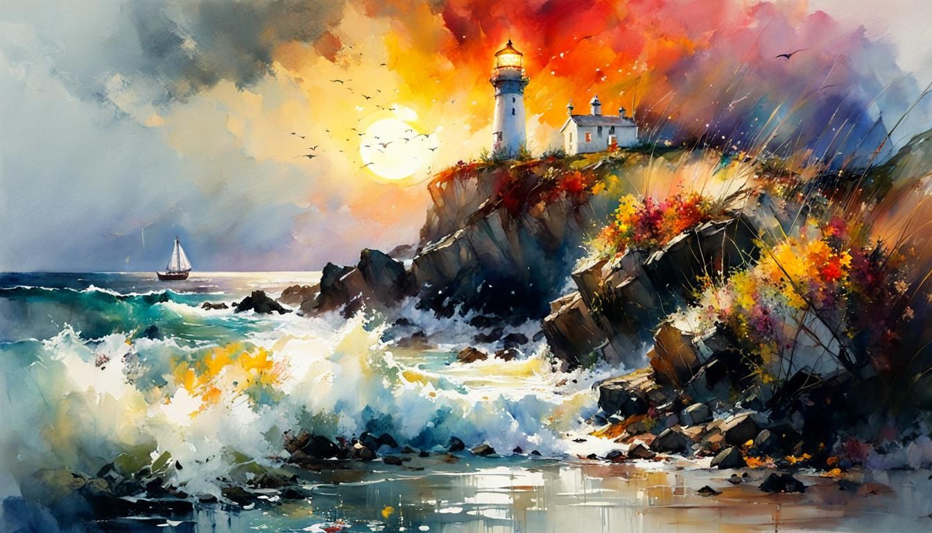 Seaside Sunset Watercolor Painting of Lighthouse