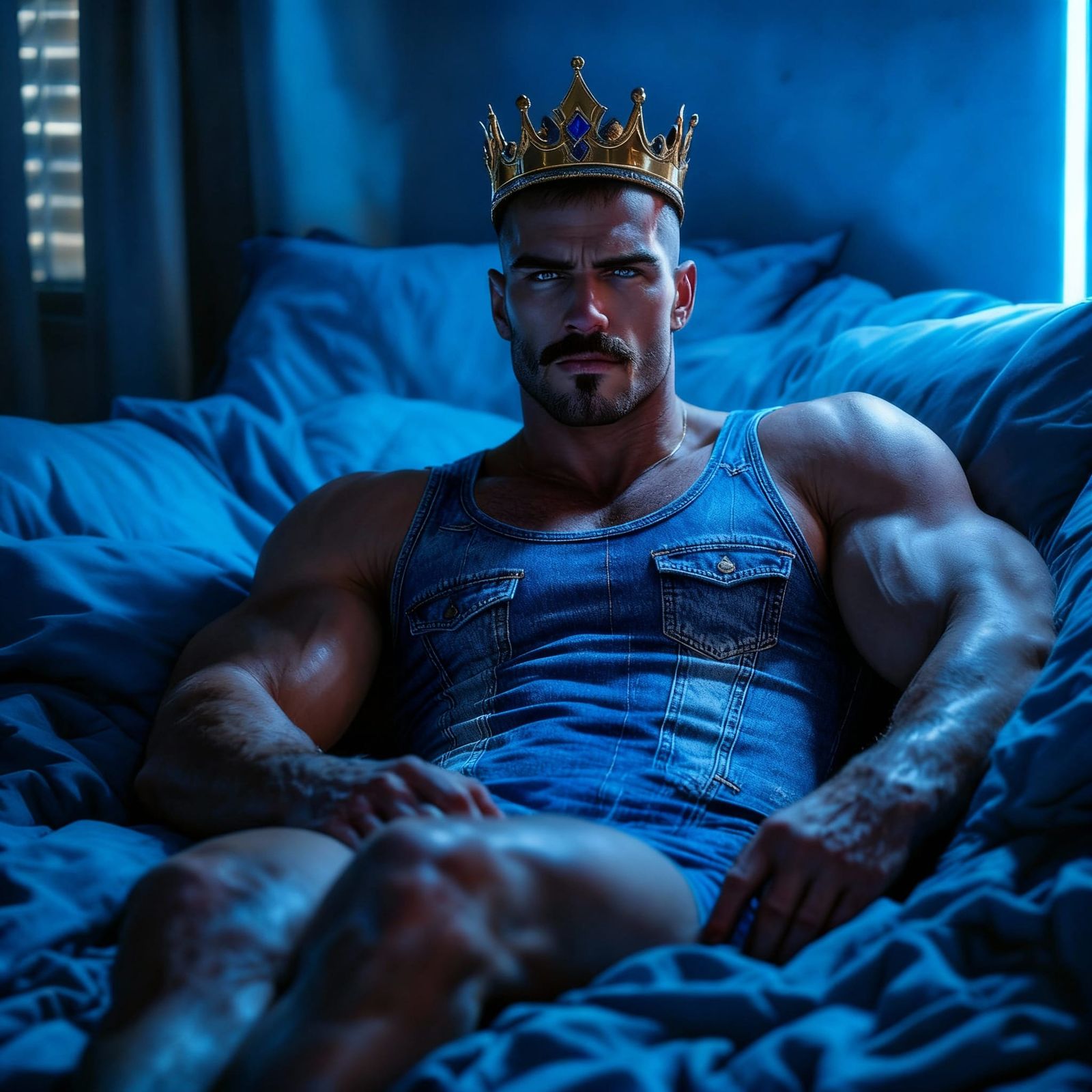 Muscular King Reclines in Denim Bedroom with Neon Glow