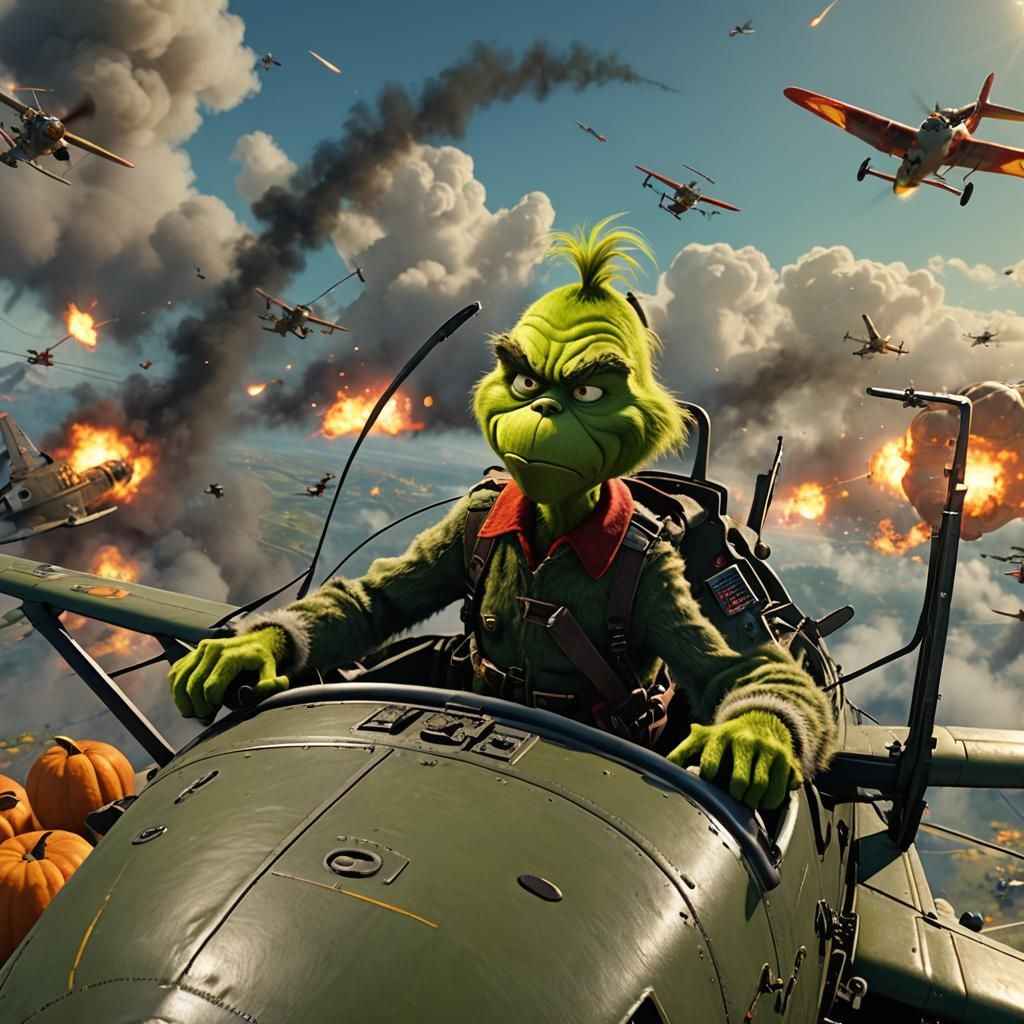 Grinch in WWII Plane Chased by Pumpkin Fighters