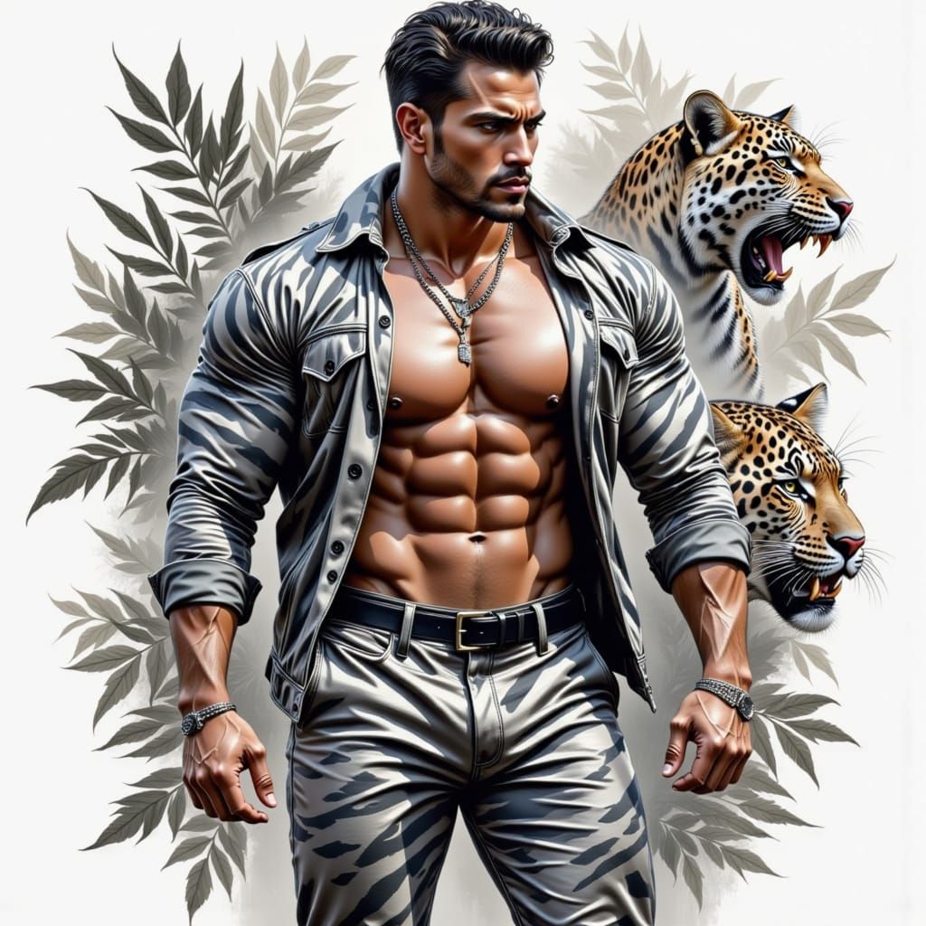 Muscular Man in Zebra Print, Graphic Novel Style