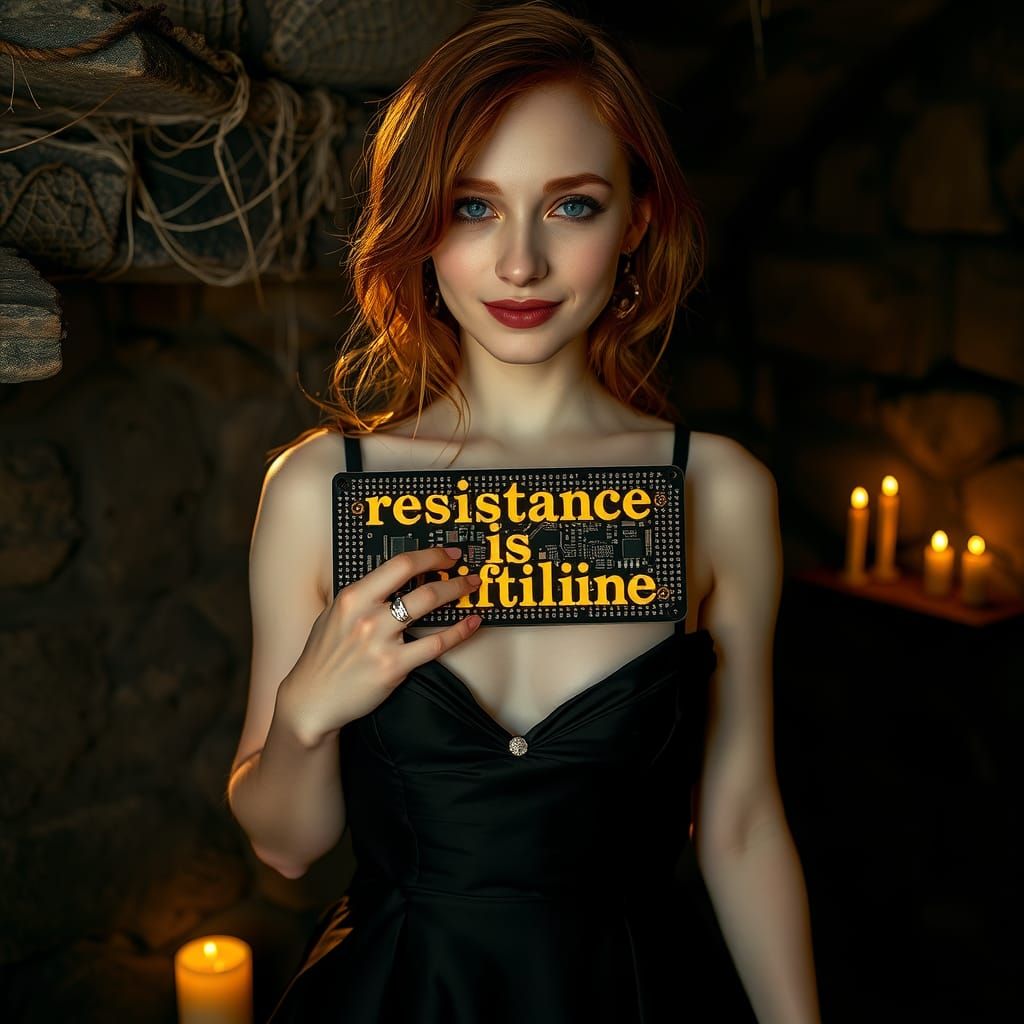 Woman with Circuit Board in Sci-Fi Cellar