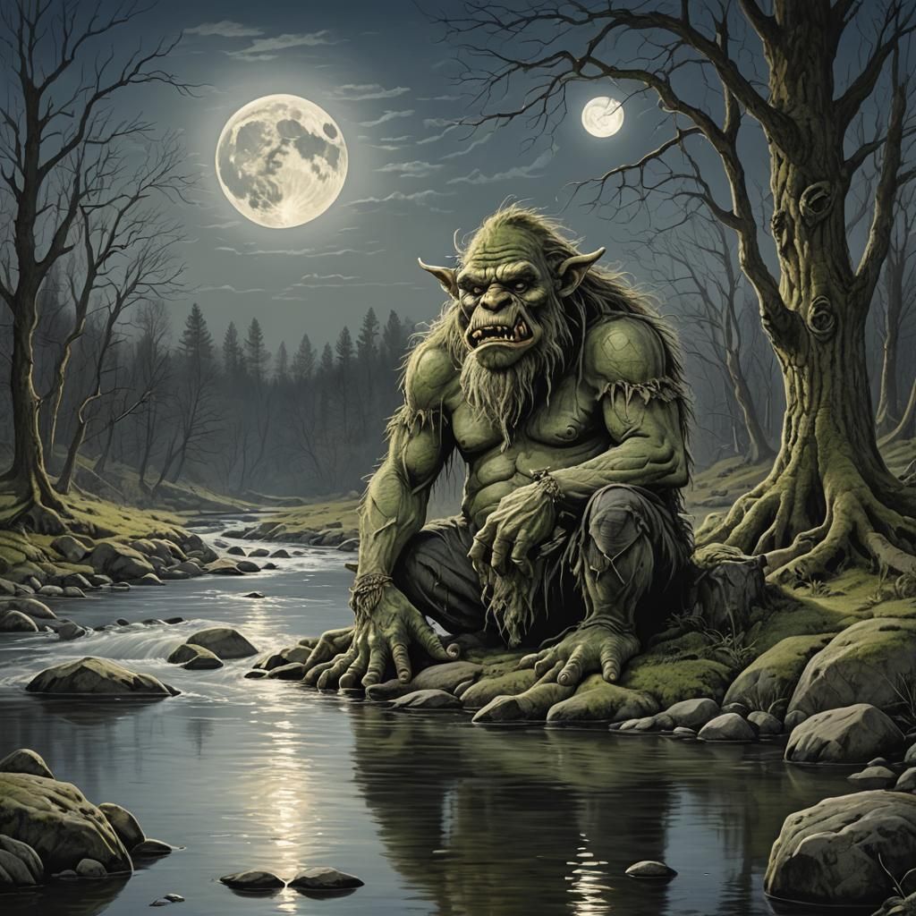 River Troll Under the Full Moon